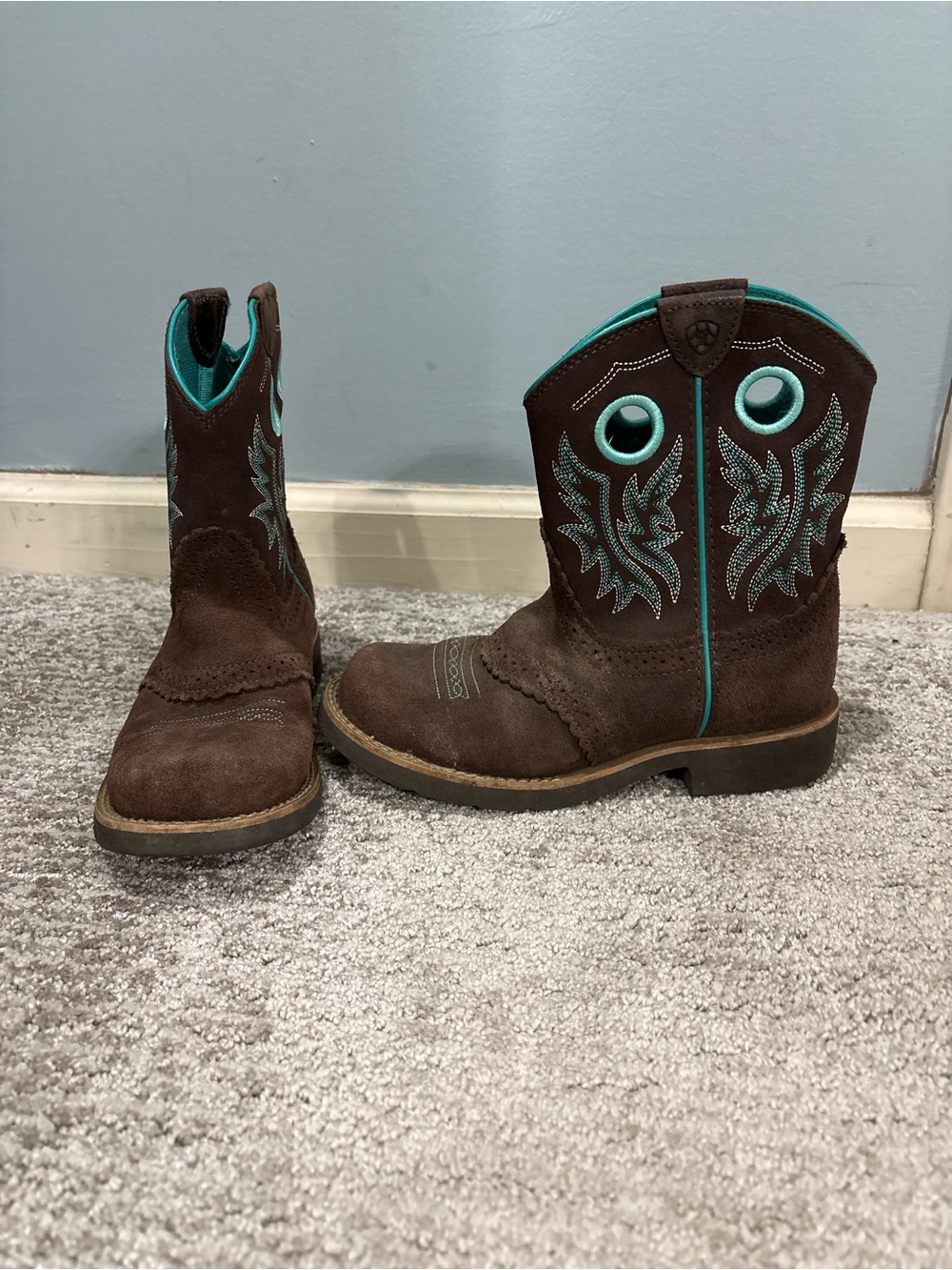 Ariat Brown Suede Kids' Cowboy Boots with Teal Accents